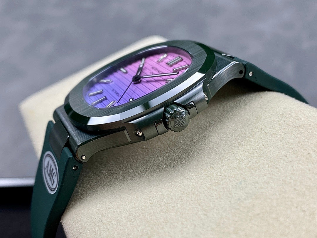 Patek Philippe watch angled on wrist support, dark teal strap and purple dial visible.