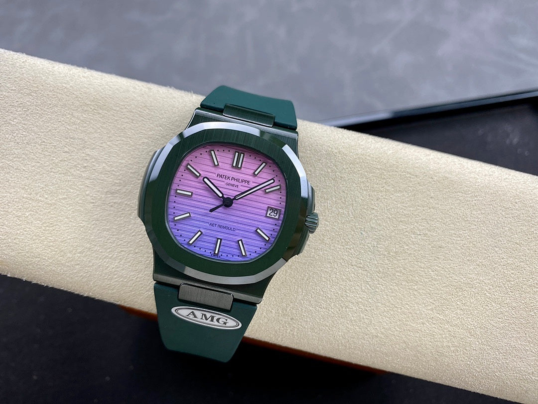 Patek Philippe watch on wrist with dark teal strap, purple dial, and date window.