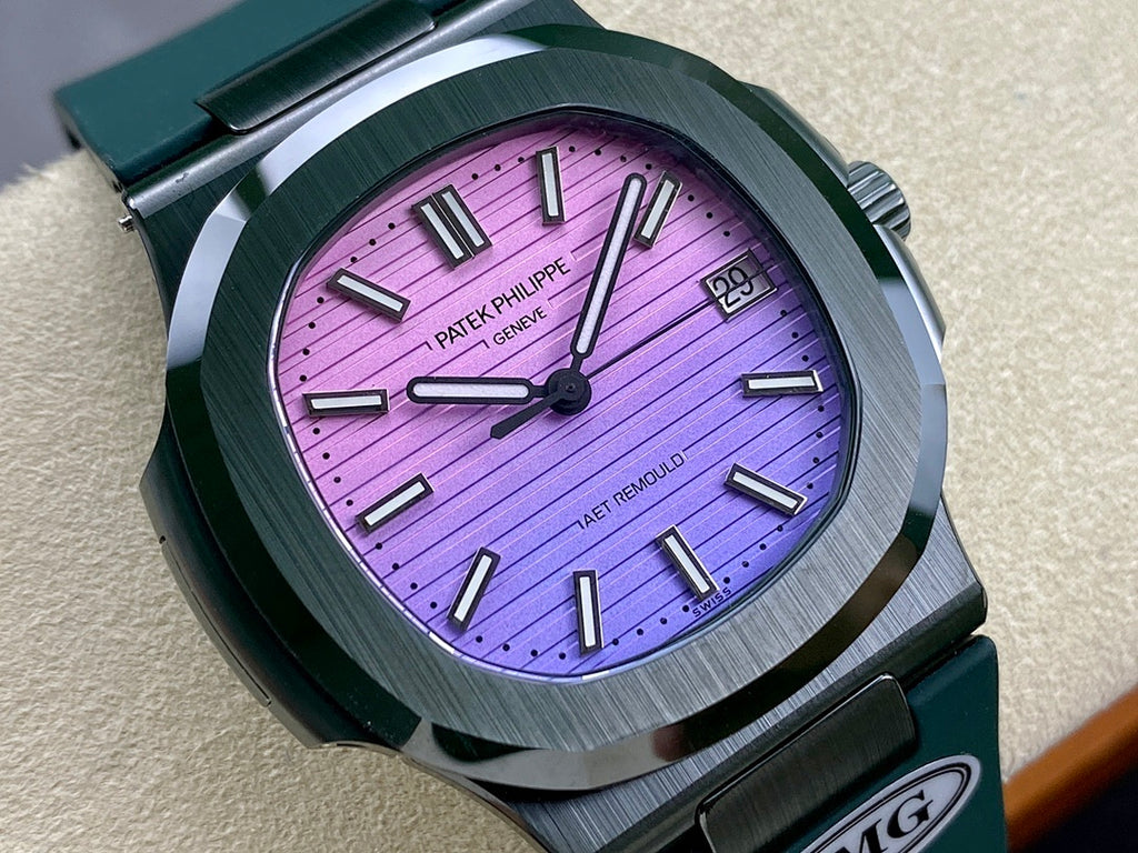 Patek Philippe watch close-up of purple dial with baton markers and teal bezel texture.