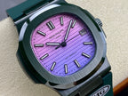 Patek Philippe watch close-up of purple dial with baton markers and teal bezel texture.