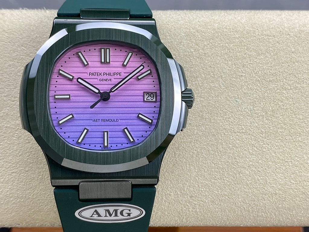 Patek Philippe watch with purple dial and dark teal metal strap, AMG logo on buckle.