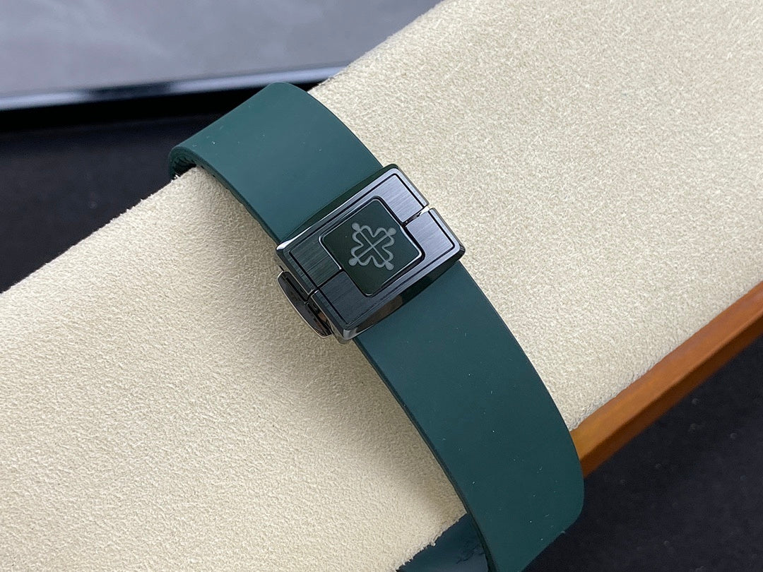 Patek Philippe watch strap buckle with logo panel and green band
