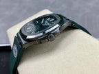 Patek Philippe watch with green dial and green strap, silver case side view