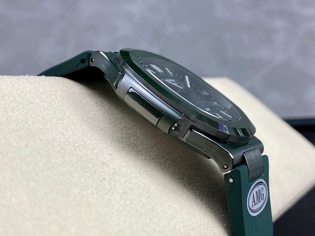 Patek Philippe watch with green strap and silver case, side view with AMG badge