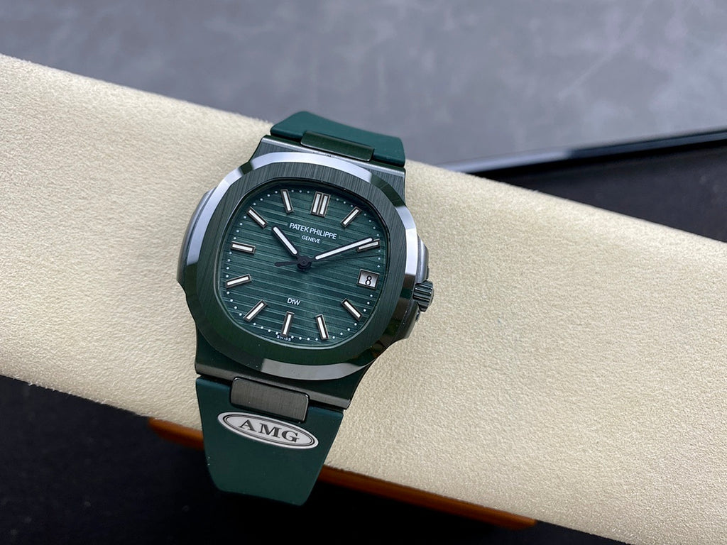 Patek Philippe watch with green dial on green strap, AMG buckle visible