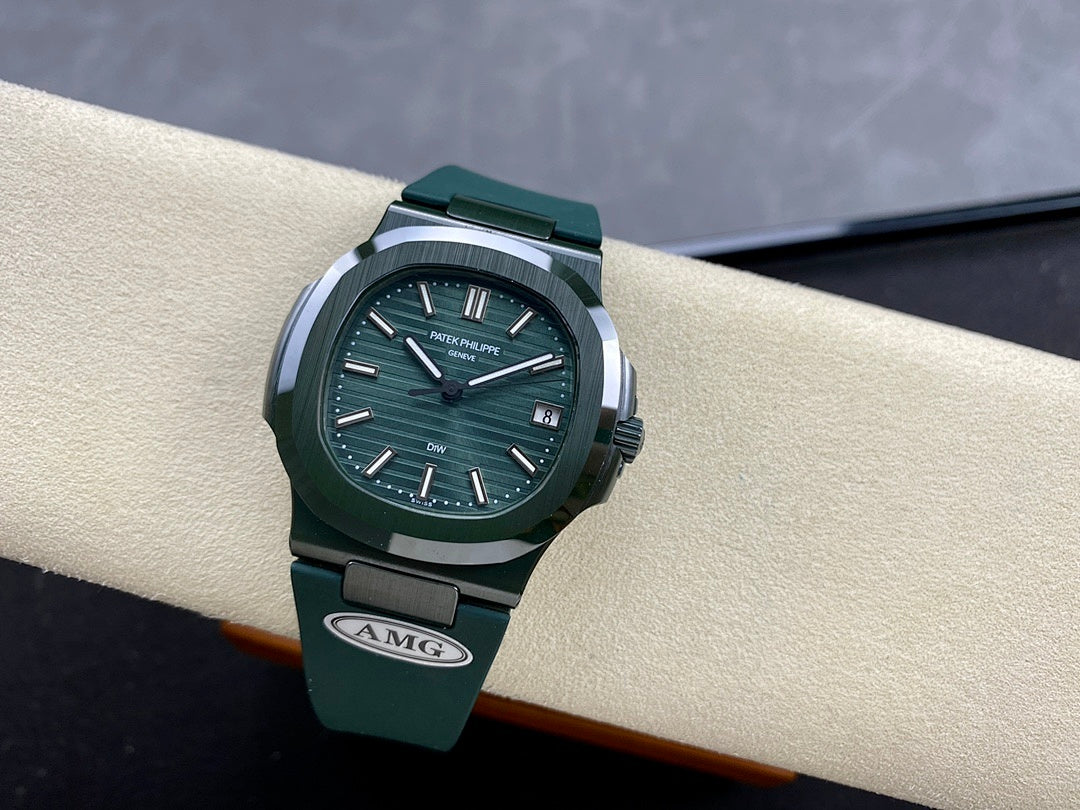 Patek Philippe watch with green dial on green strap, AMG buckle visible