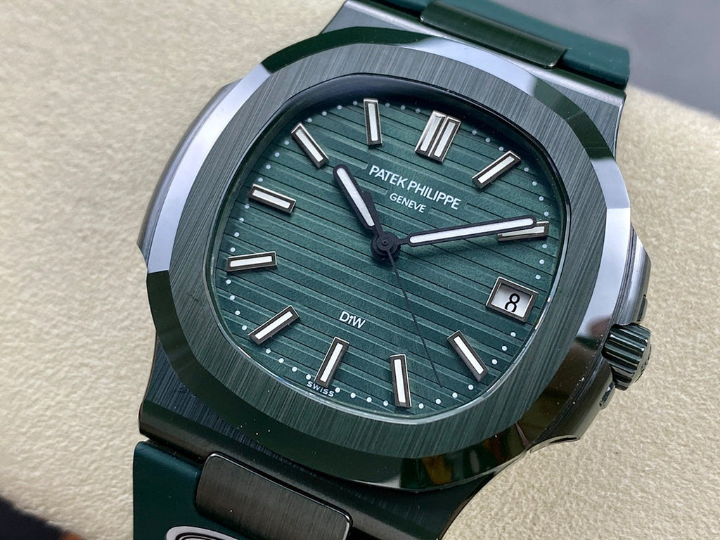 Patek Philippe watch with green dial, silver baton markers, and green strap