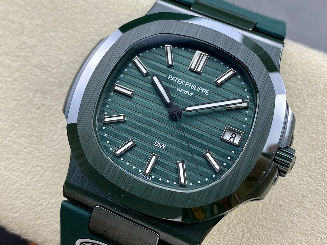 Patek Philippe watch with green dial, silver baton markers, and green strap