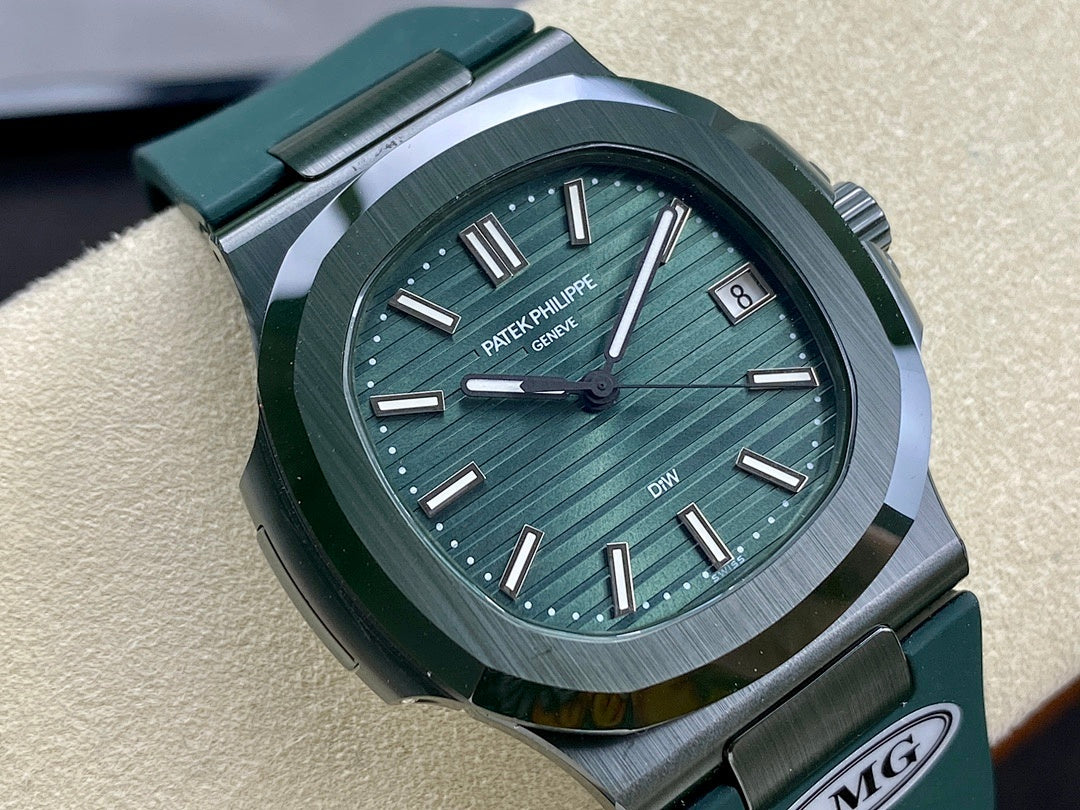 Patek Philippe watch with textured green dial, silver indices, and date window