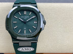 Patek Philippe watch with green dial, silver indices, and date window on green strap