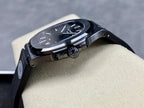 Luxury wristwatch side profile with crown and dark metal bracelet links