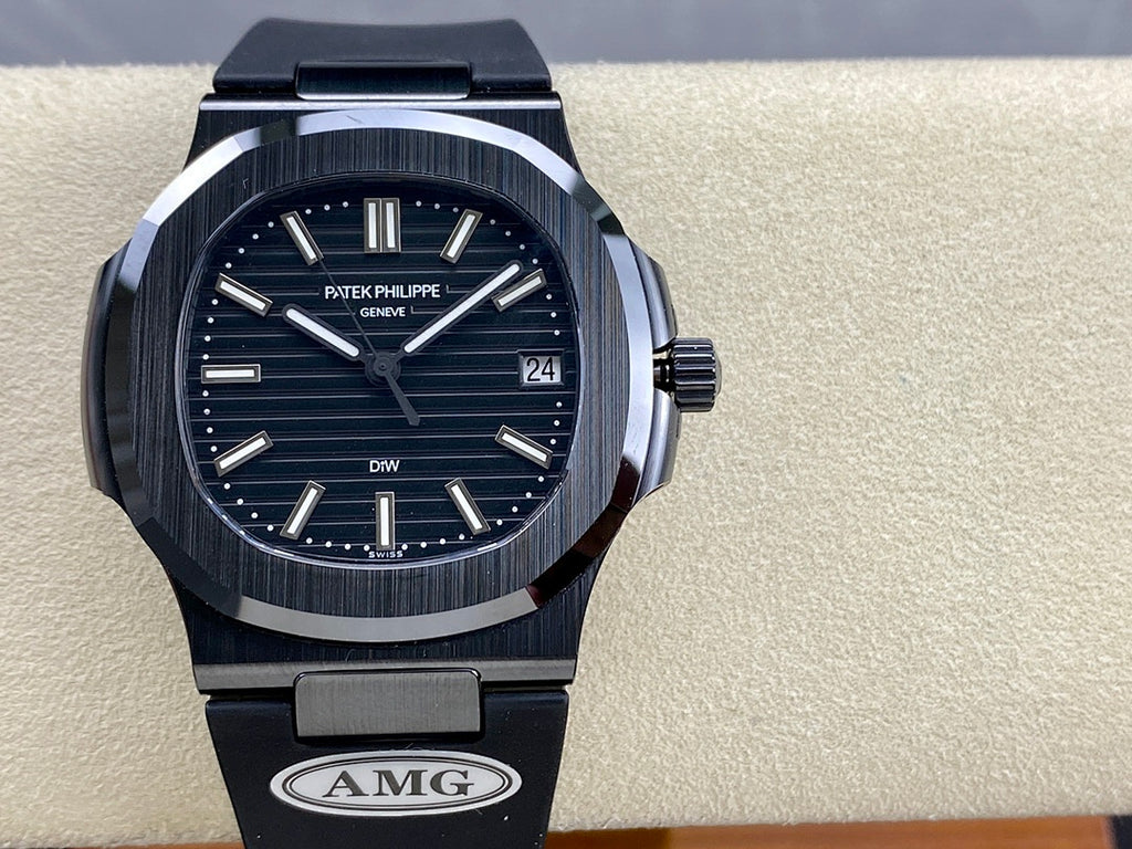 Luxury wristwatch with dark dial, silver baton markers, date window, AMG logo on buckle
