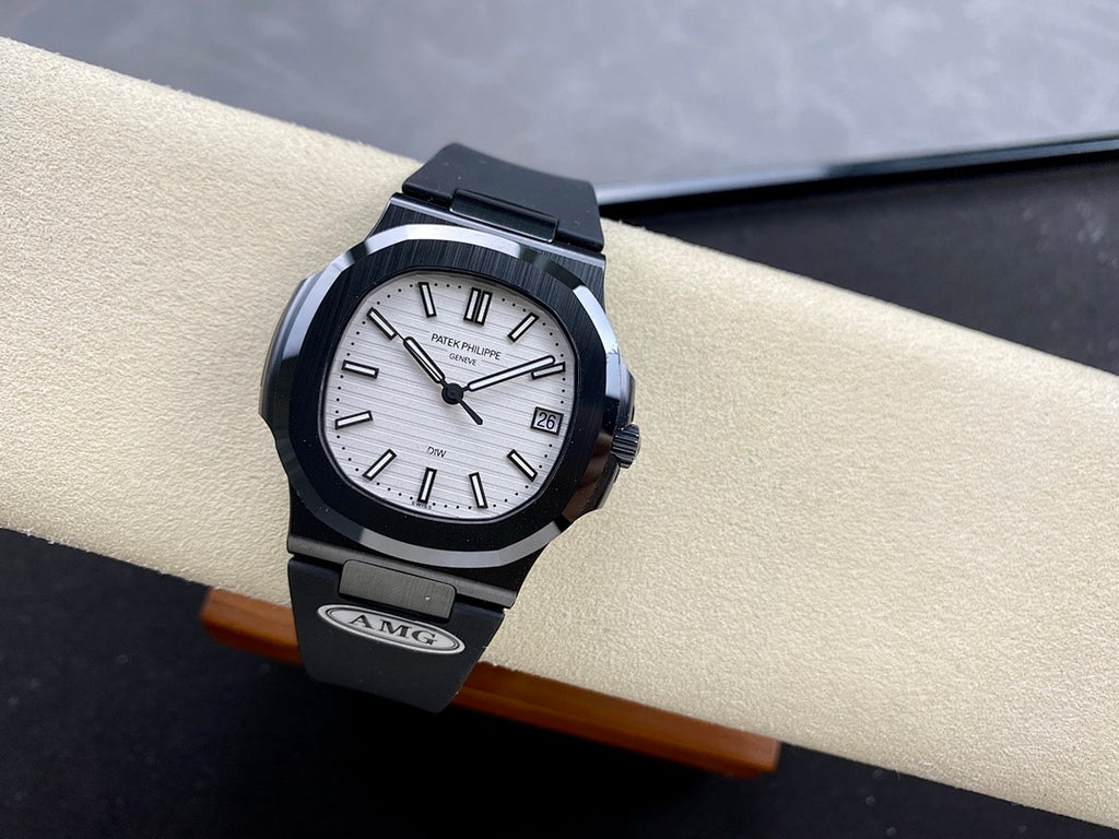 Patek Philippe watch with white-silver dial, black strap, and date window at 3