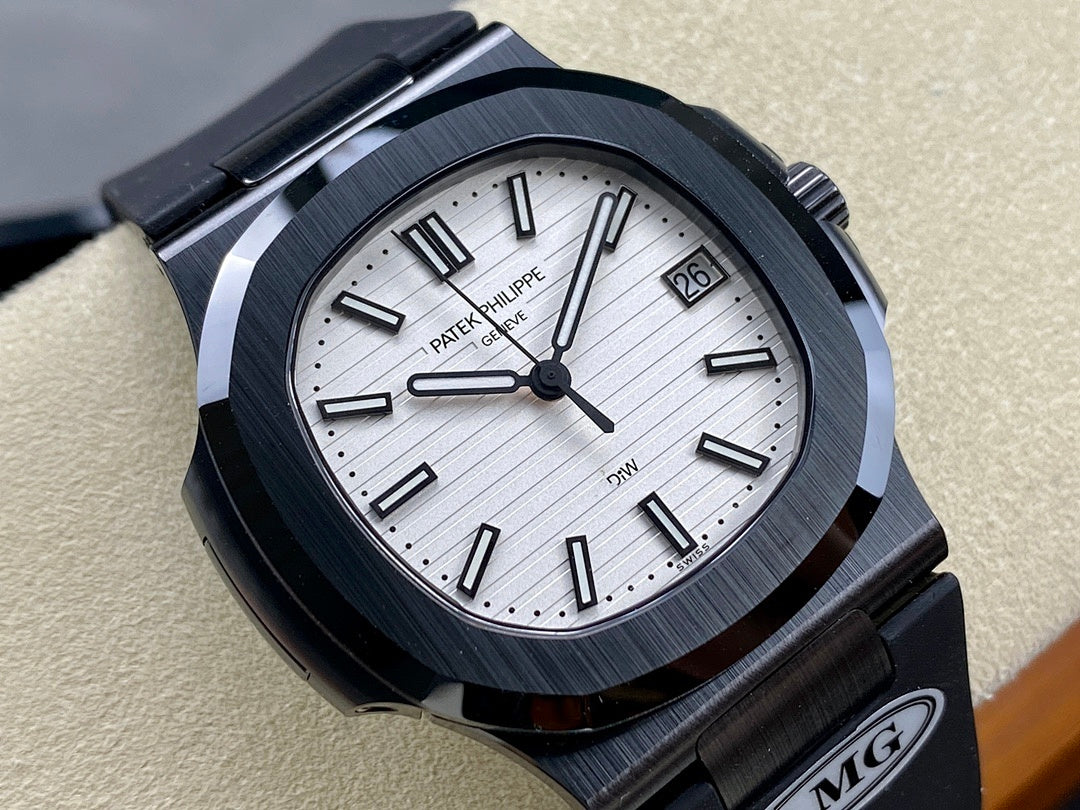 Patek Philippe watch close-up with silver dial, dark bezel, and date window