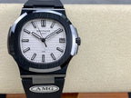 Patek Philippe watch front view with silver dial, black bezel, and date window
