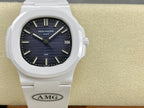 Patek Philippe wristwatch on wrist strap; white case with dark blue dial and date window