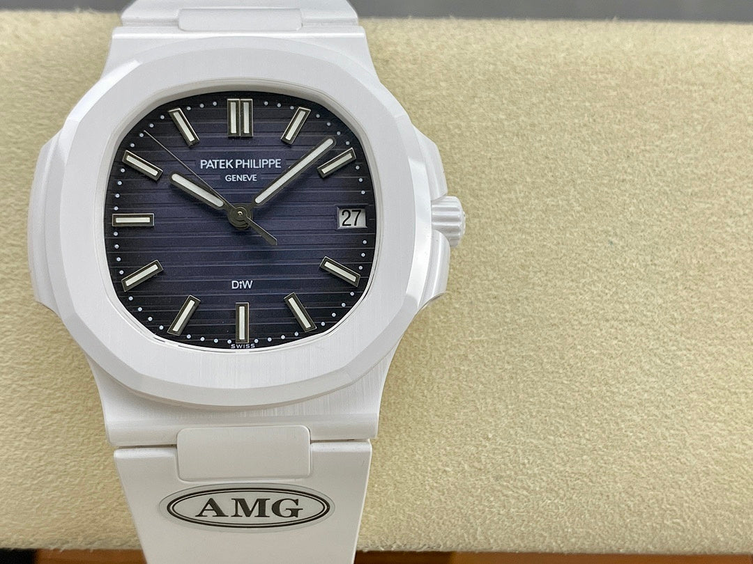Patek Philippe wristwatch on wrist strap; white case with dark blue dial and date window