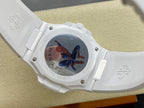 Patek Philippe wristwatch with white case, blue butterfly graphic dial and crown
