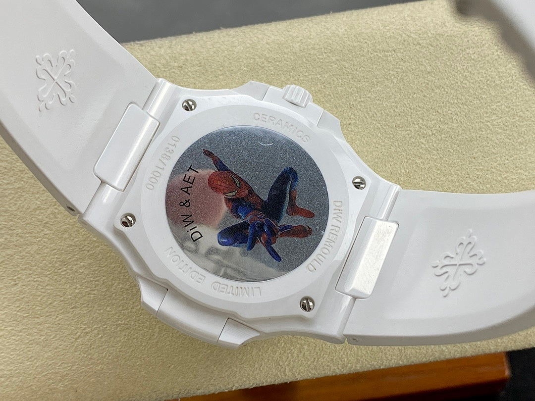 Patek Philippe wristwatch with white case, blue butterfly graphic dial and crown