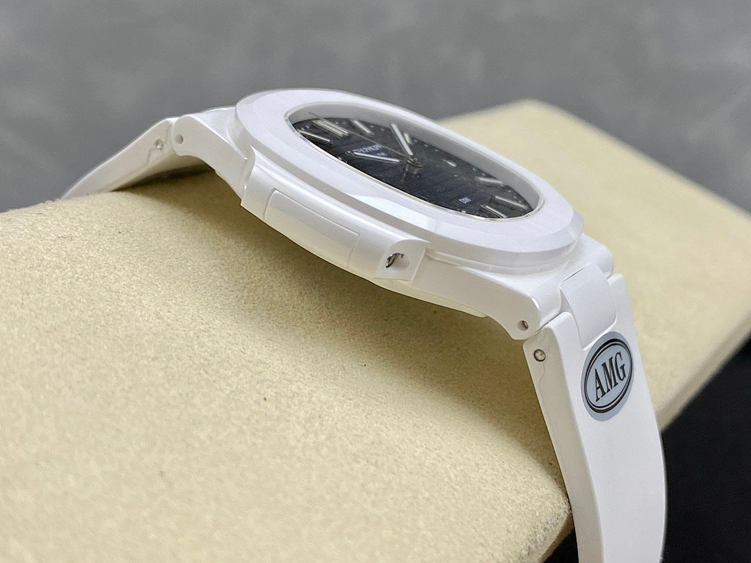 Patek Philippe wristwatch side view with white case and AMG logo on strap