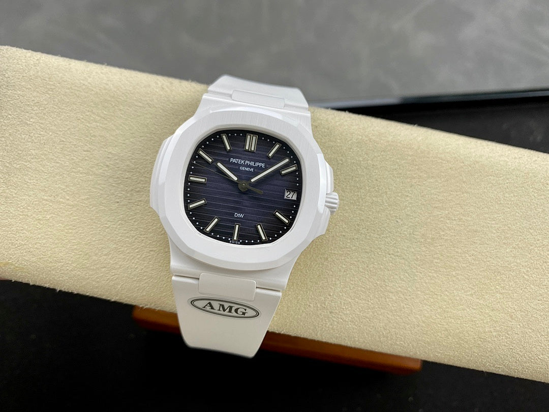 Patek Philippe wristwatch with white case, dark blue dial, and AMG logo on strap