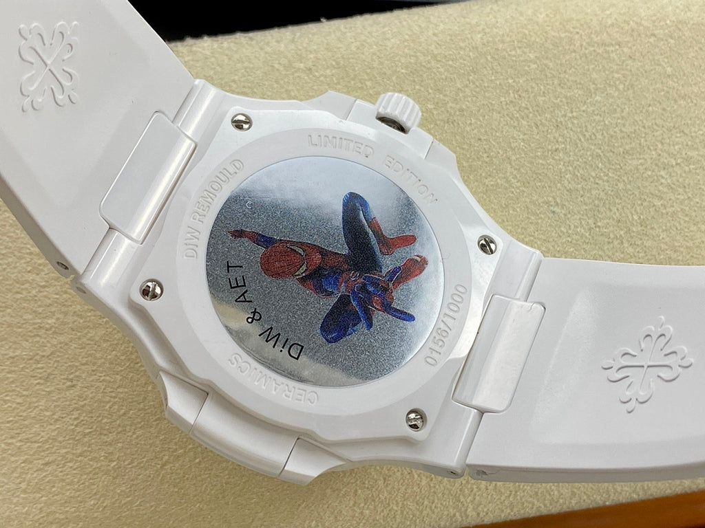White watch case with purple blue star-themed dial design and protective bezel.