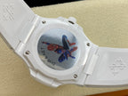 White watch case with purple blue star-themed dial design and protective bezel.