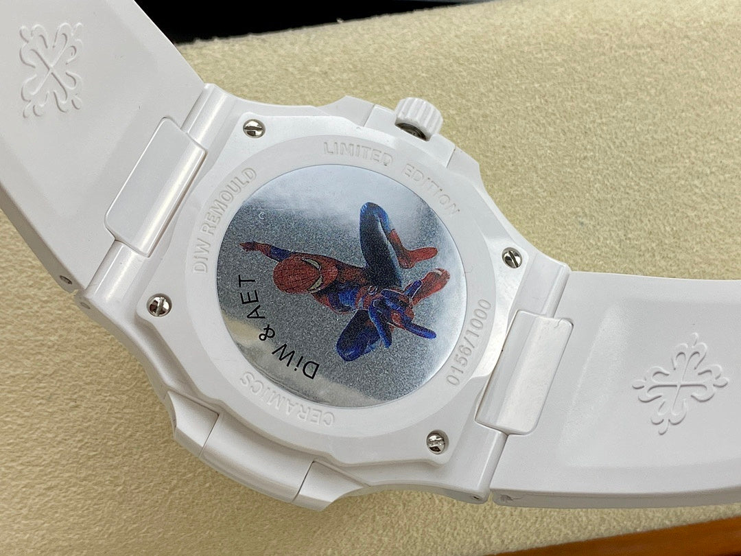 White watch case with purple blue star-themed dial design and protective bezel.