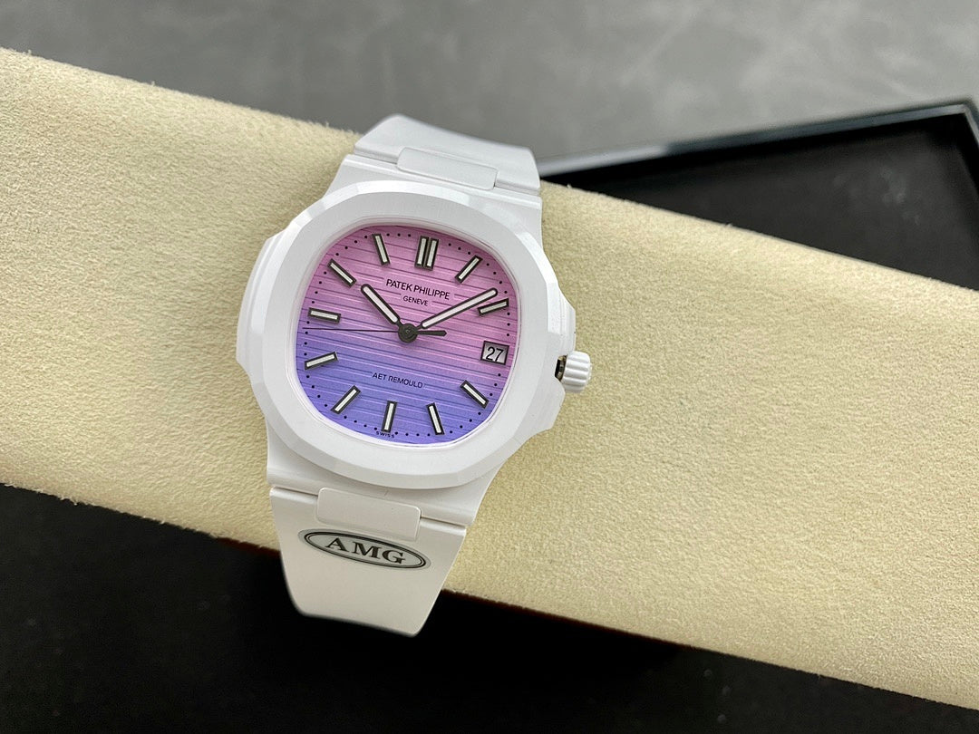 White watch with purple dial and AMG plate on bracelet, front three-quarter view.