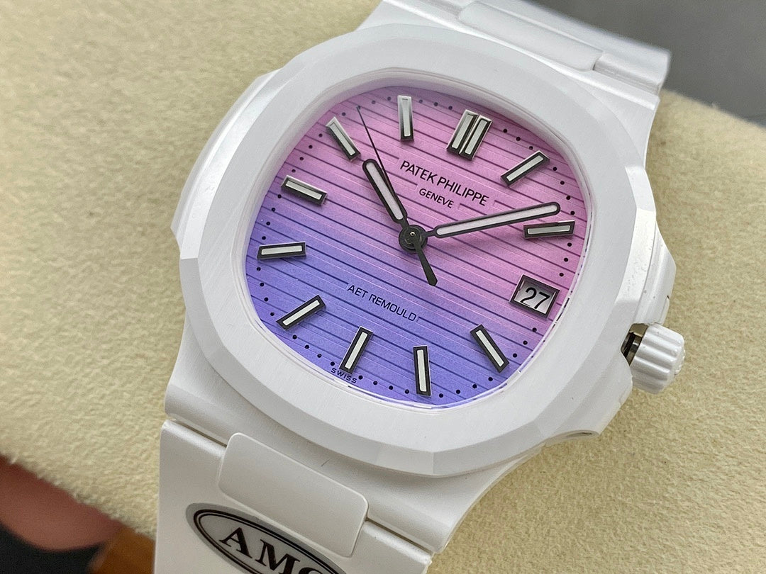 White Patek Philippe-style watch with purple dial and metal bracelet, close-up face view.