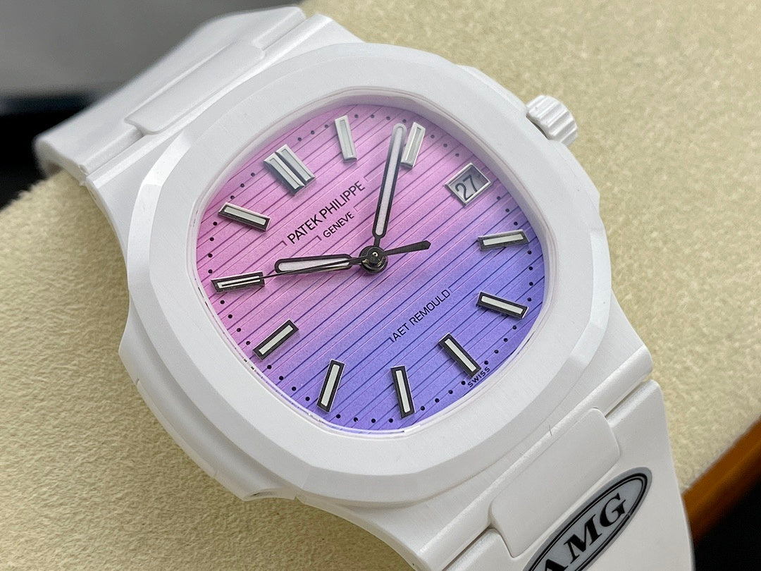 White watch face close-up with purple dial, raised markers, and crown detail.