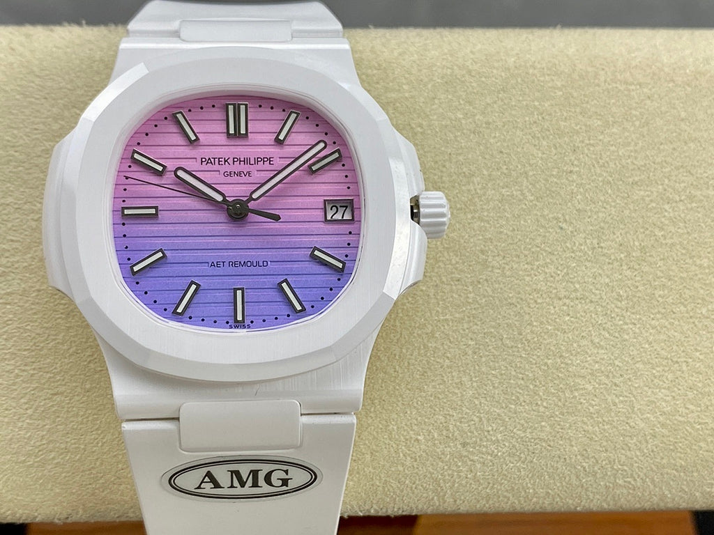 White metal watch with purple dial and AMG clasp, centered front view.