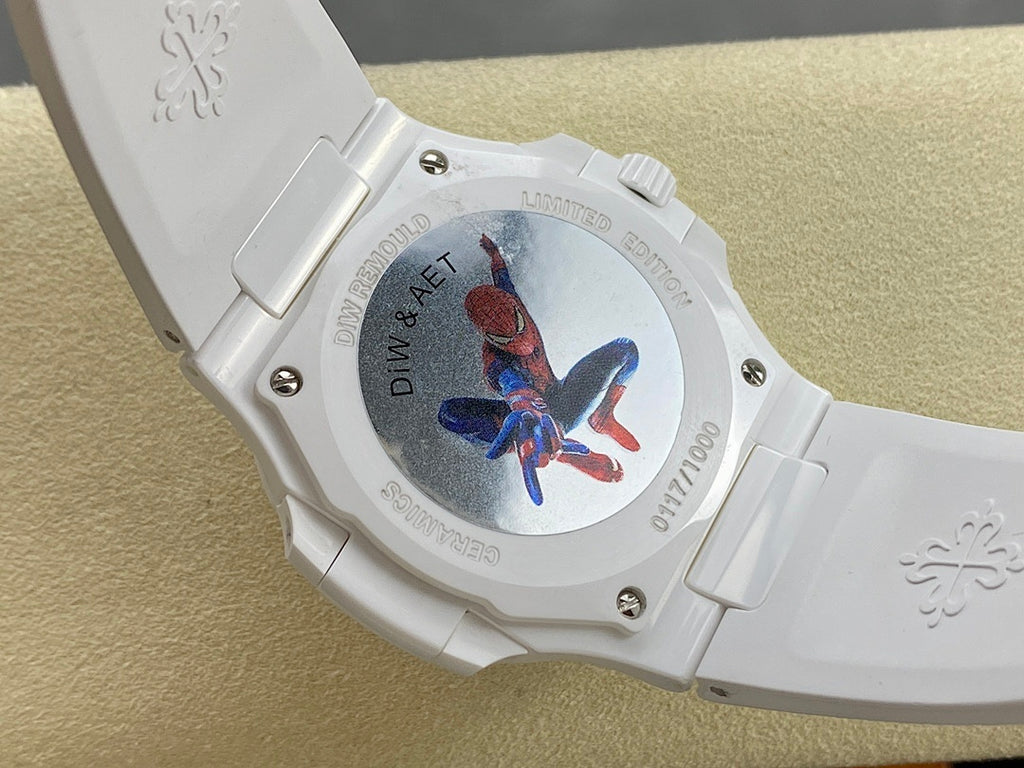 White wristwatch with transparent caseback showing a blue/red emblem on the dial area.