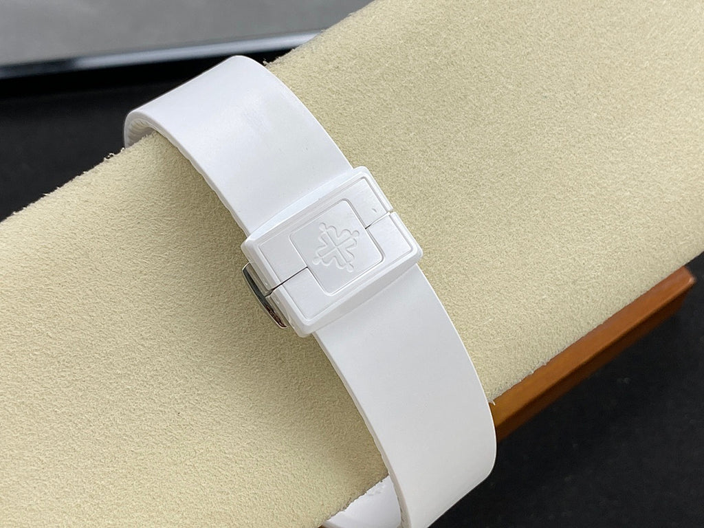 White watch clasp with embossed pattern on the clasp cover