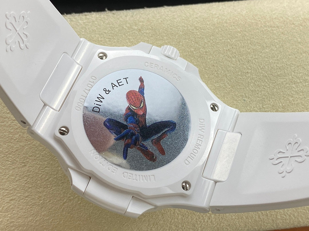 White wristwatch case back with illustrated emblem artwork and metal screws