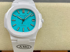 White wristwatch with turquoise dial and date window, AMG logo on strap panel