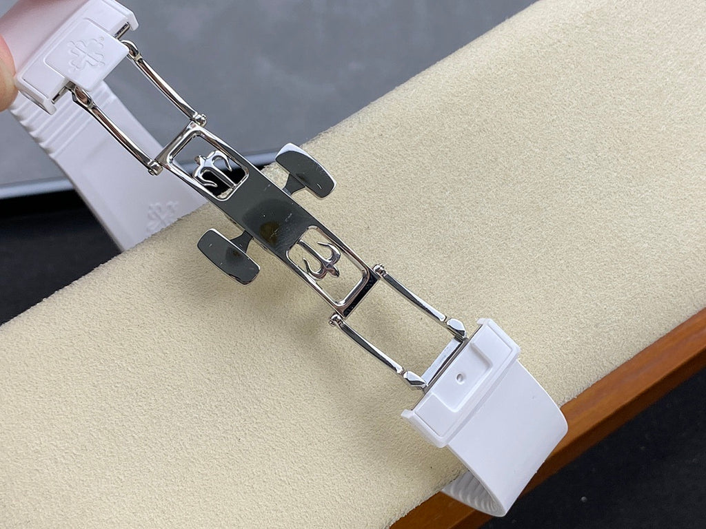 White watch bracelet with metal clasp and linked band section