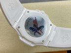 White wristwatch with illustrated caseback and screw details