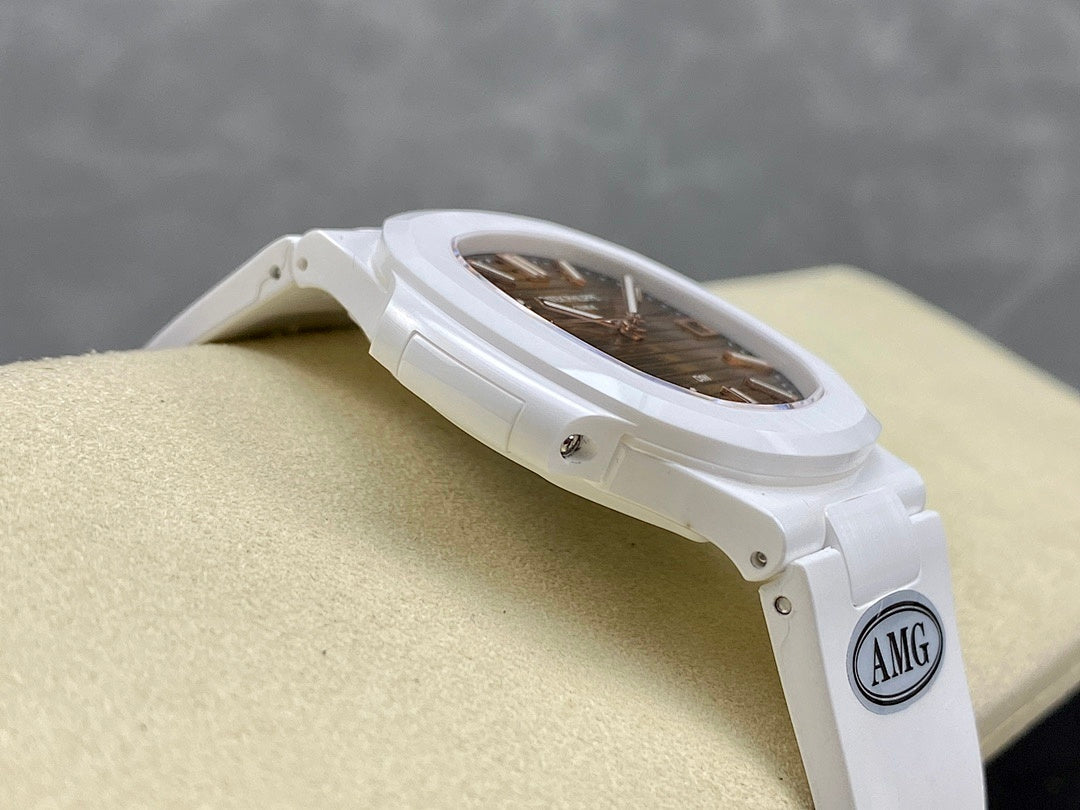 White wristwatch with brown dial, showing side AMG logo plate