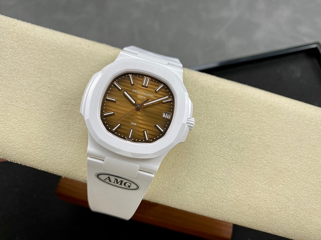 White wristwatch with brown dial and date window, with AMG logo on strap