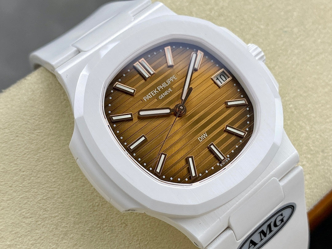 White wristwatch with brown dial, baton markers, and date at 10 o'clock
