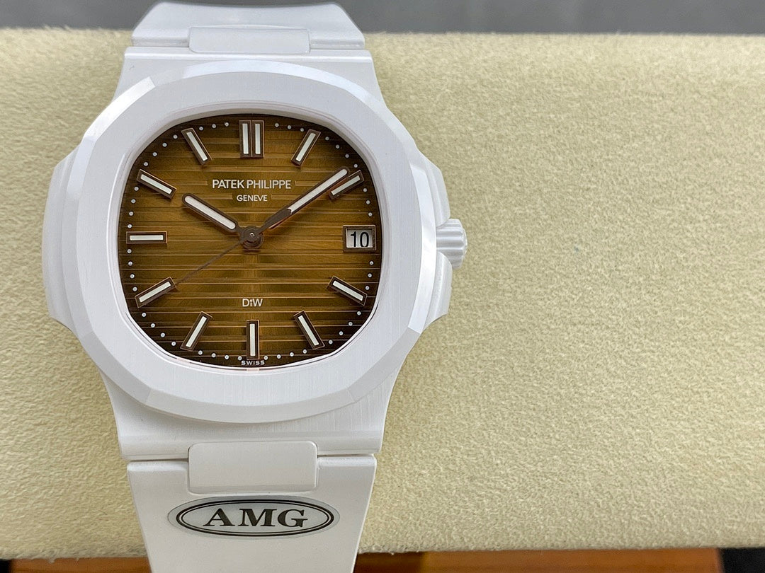 White wristwatch with brown dial, date window, and white bracelet strap