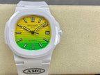 White sport watch with green-yellow dial, baton markers, date window at 3, AMG panel