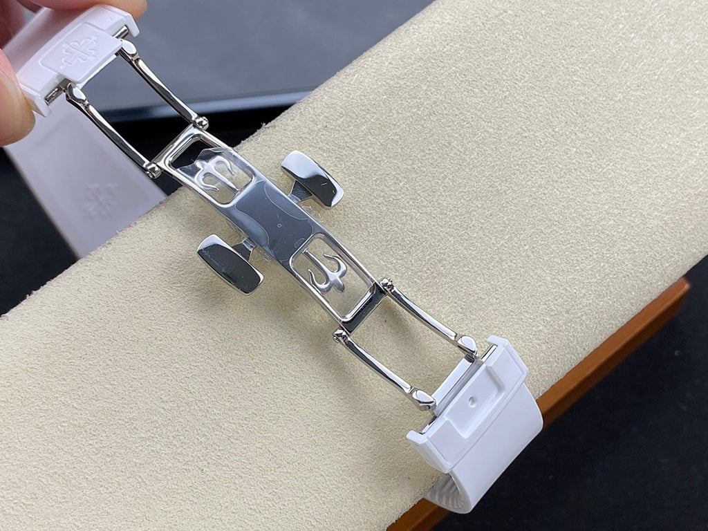 White rubber watch bracelet with metal links and folding clasp