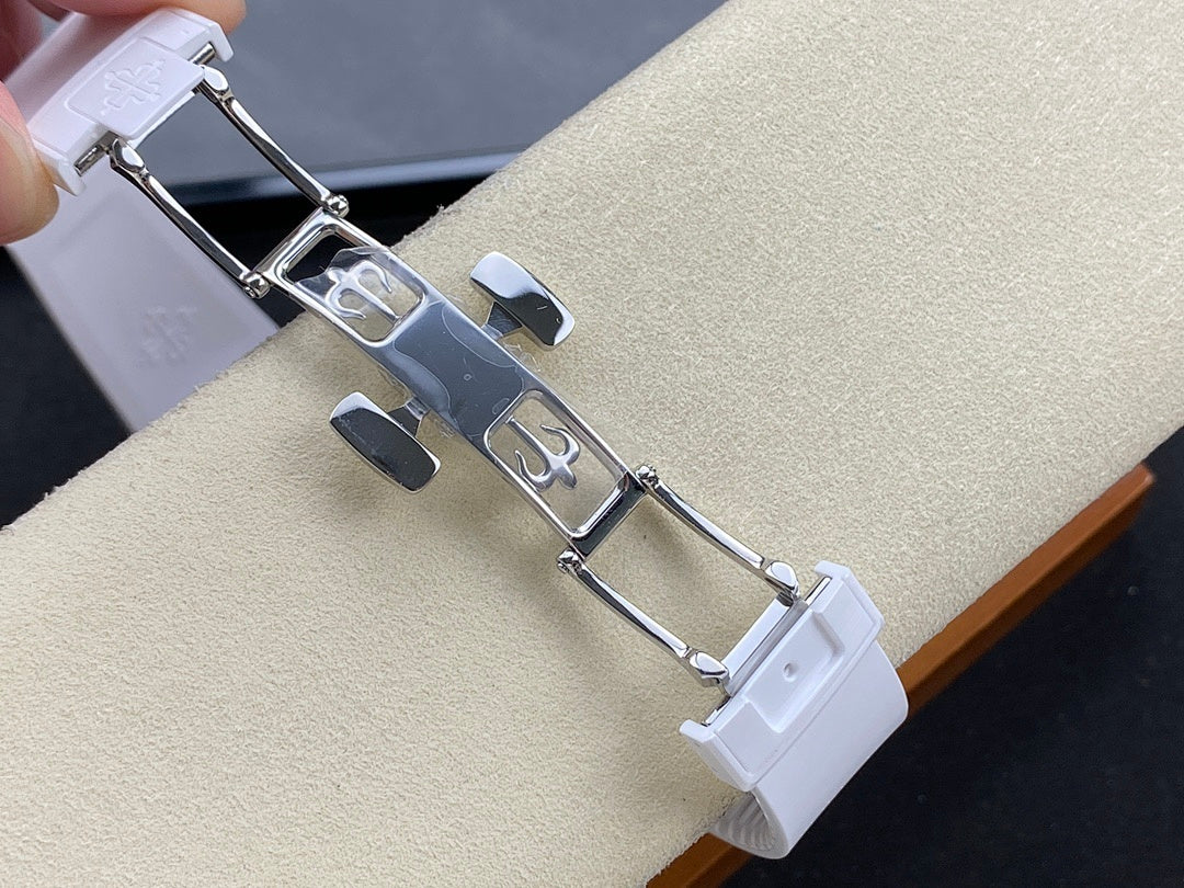 White rubber watch bracelet with metal links and folding clasp
