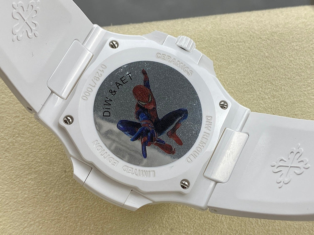 White watch with butterfly graphic on dark dial and textured bezel screws