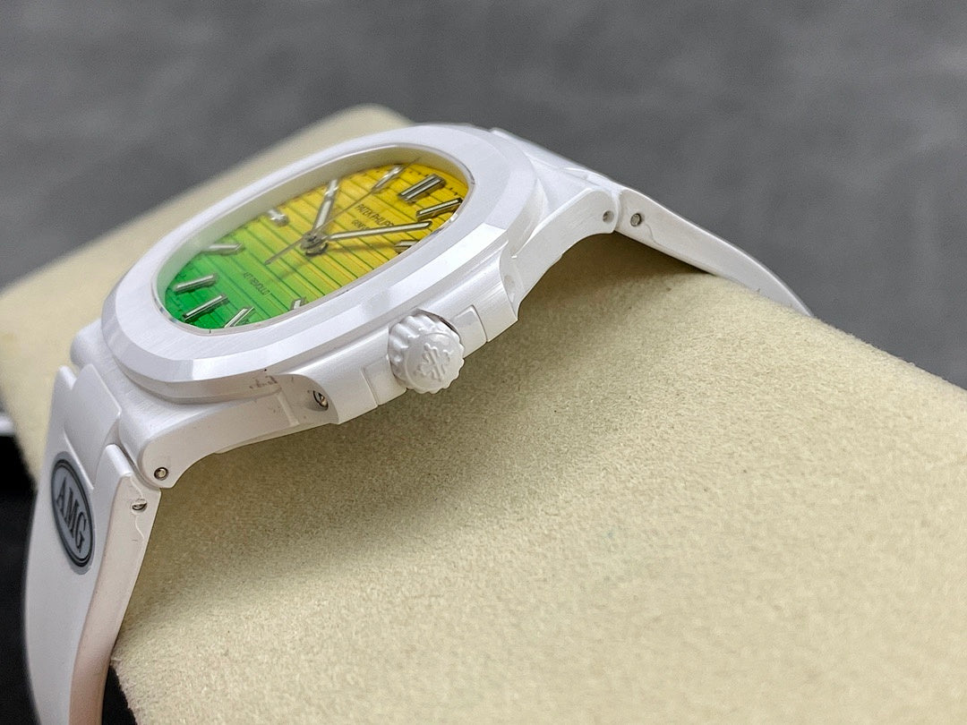 White sport watch angled view with green-yellow dial and crown detail
