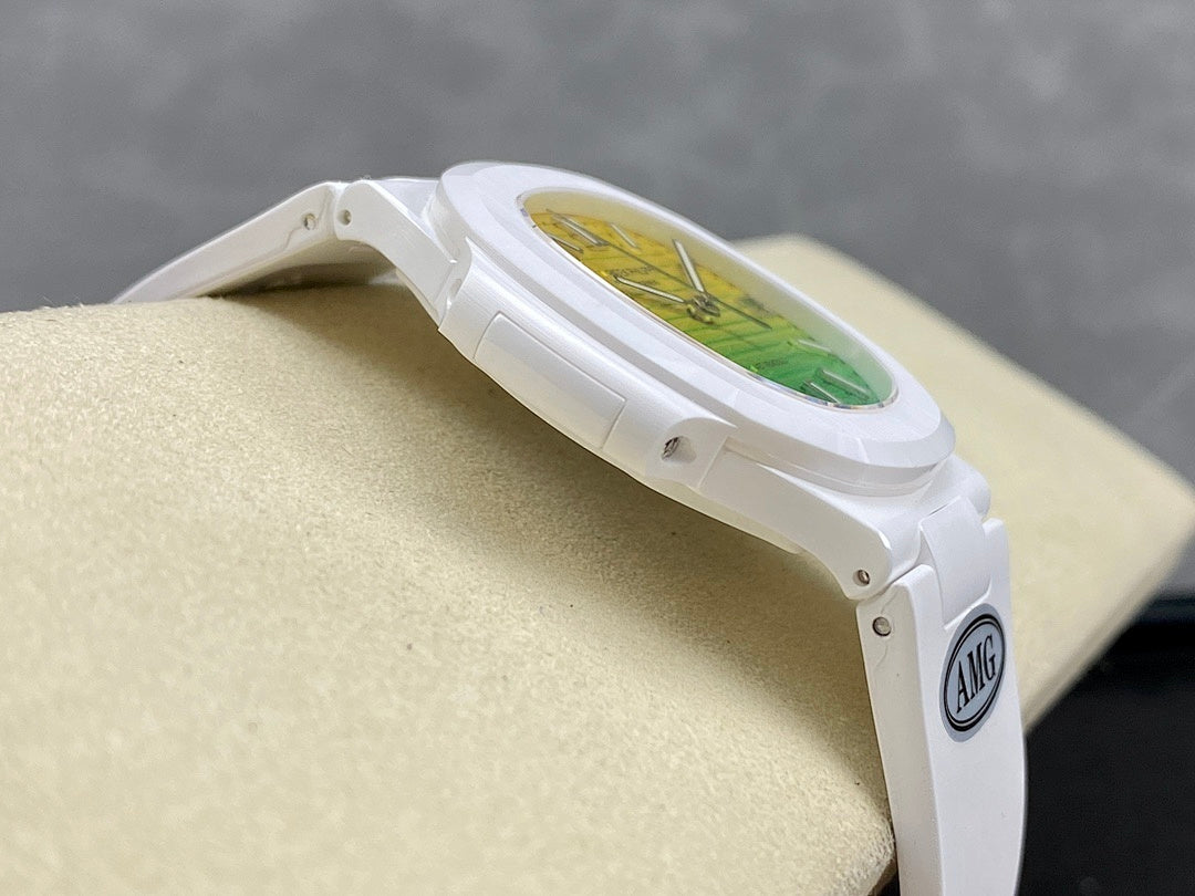 White watch case with green-yellow dial viewed from the side on a bracelet
