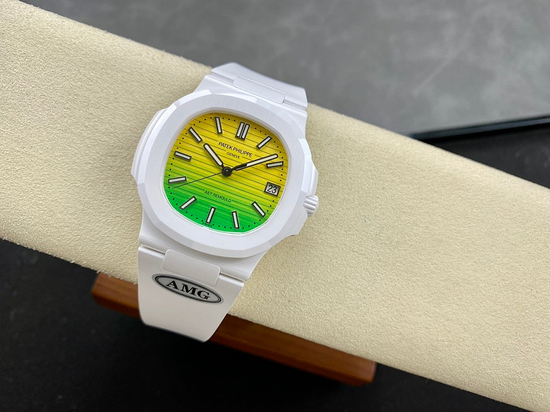 White sport watch on cushion with green-yellow dial, baton markers, and date window