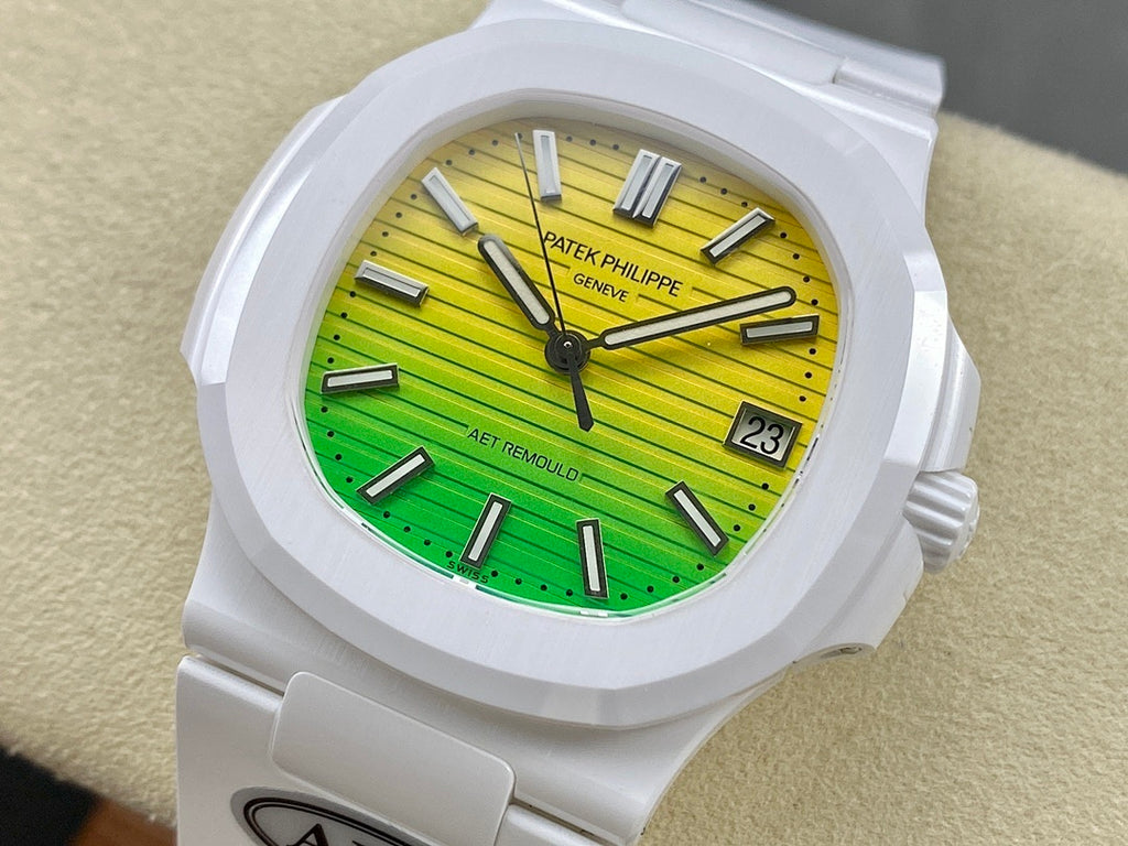 White sport watch with green-yellow dial, baton markers, date window, and AMG strap tag